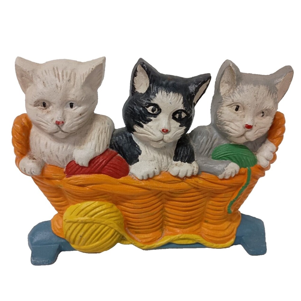 VTG Three Little‎ Kittens In Basket Cast Iron Door Stop Hand Painted Mid Century